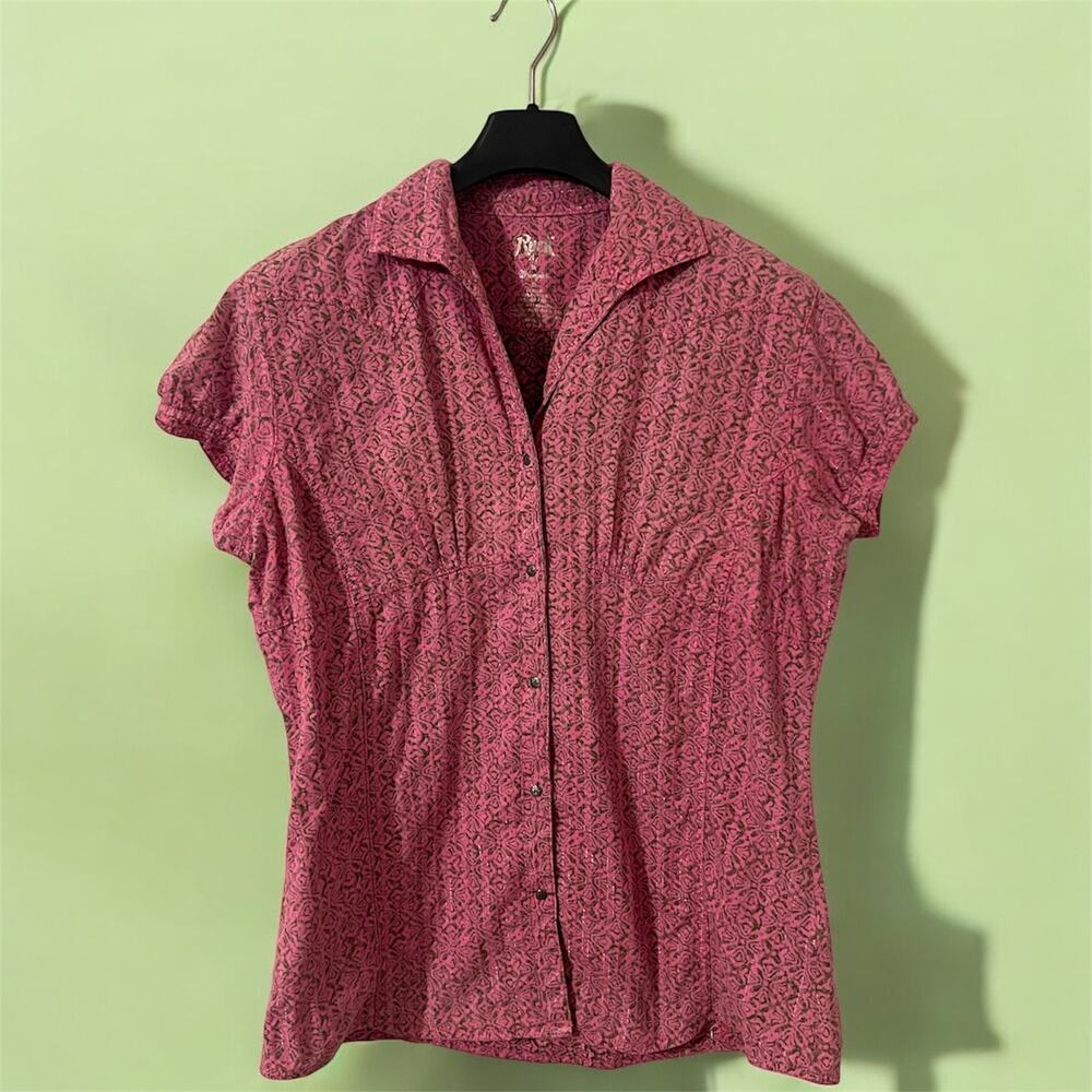 Rock 47 by Wrangler Pink Western Short Sleeve‎ Button Uo Womens Size XL Barbie